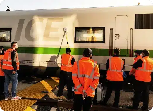 Ein Reinigunsteam reinigt einen ICE von außen